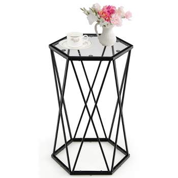 Costway End Table Tempered Glass Top Metal Frame Hexagonal Accent Side Table Living Room