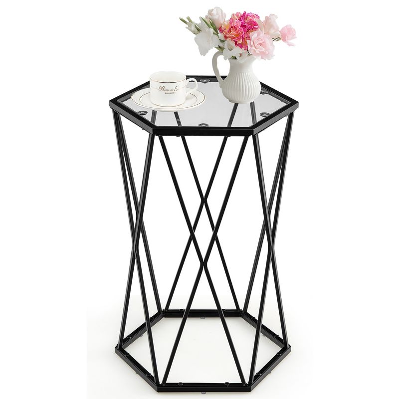 Costway End Table Tempered Glass Top Metal Frame Hexagonal Accent Side Table Living Room, 1 of 11
