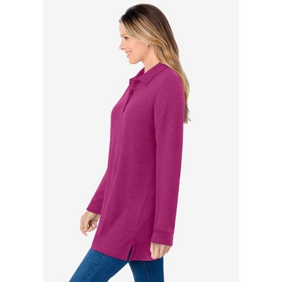 Woman Within Women's Plus Size Long-Sleeve Polo Shirt - 3X, Raspberry