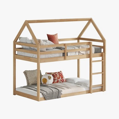NicBex Twin Over Twin Bunk Bed with Safety Guardrail,House-Shaped Twin Loft Bed with Built-In Ladder,Rubber Wood Bunk Beds for Bedroom
