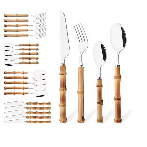 Aoibox 24-Piece Natural Bamboo Flatware Set with Stainless Steel Cutlery, Includes Knife, Fork, Spoon for Daily Use, Party, and Reusable Dining - 1 of 4