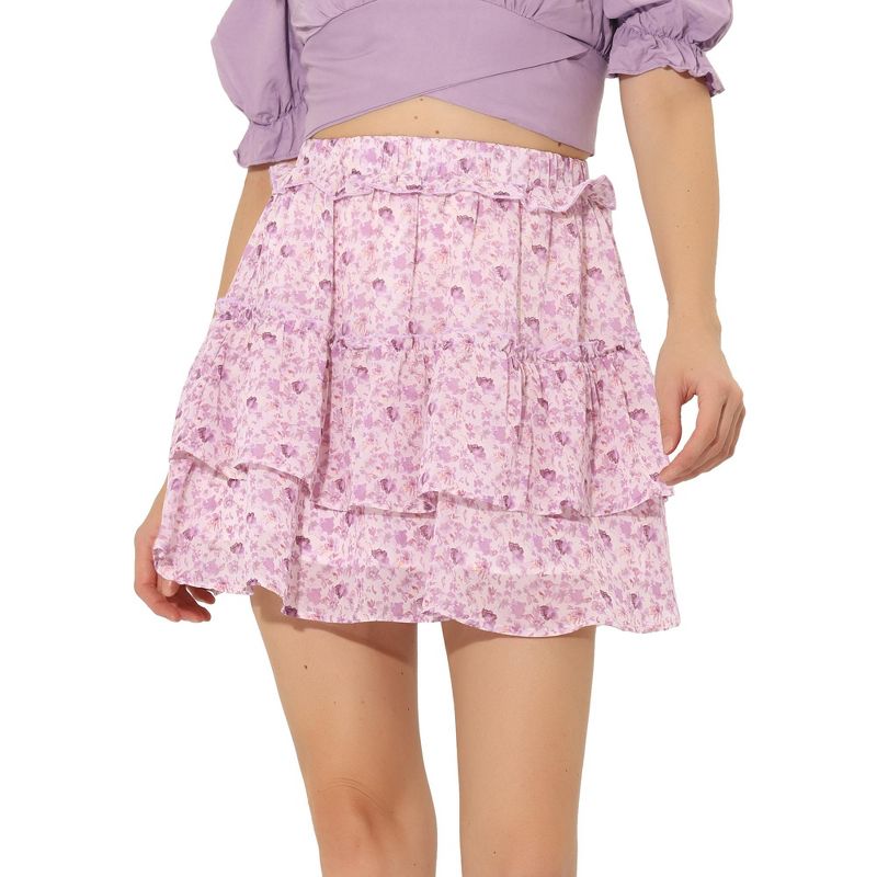 Allegra K Women's Layered Ruffle Hem Elastic Waist A-Line Skater Floral Mini Skirt, 1 of 6