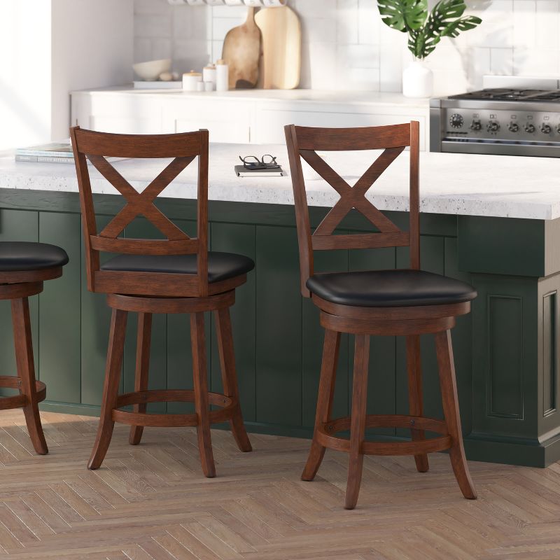 Merrick Lane 24" Classic Wooden Crossback Swivel Counter Height Pub Stool with Upholstered Padded Seat and Integrated Footrest, 3 of 13