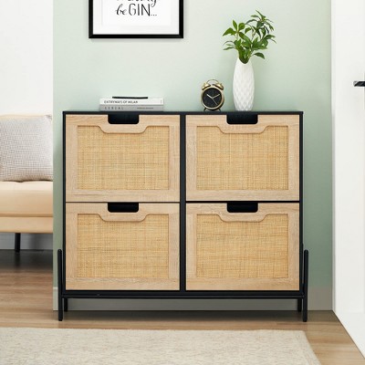Hidden Rattan Shoe Cabinet with Drawer/ 4 Flip Doors Narrow Shoe Storage,Shoe Organizer