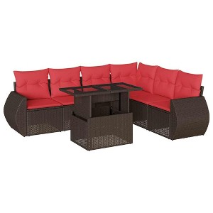 vidaXL 7 Piece Garden Sofa Set with Cushions Brown Poly Rattan - Brown without storage - 1 of 4