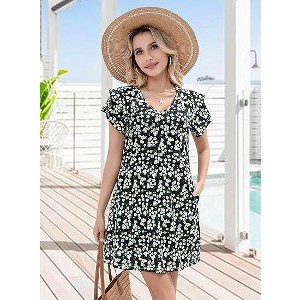 navy blue dress for baby girl Womens Casual Flowy Chiffon Maxi Floral Dress A-line Ruffle Short Sleeve V  Neck Empire Waist Long Vacation Dresses at Amazon Women's Clothing store