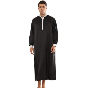 Lars Amadeus Men's Long Sleeves Banded Collar Long Satin Nightshirt - 1 of 4