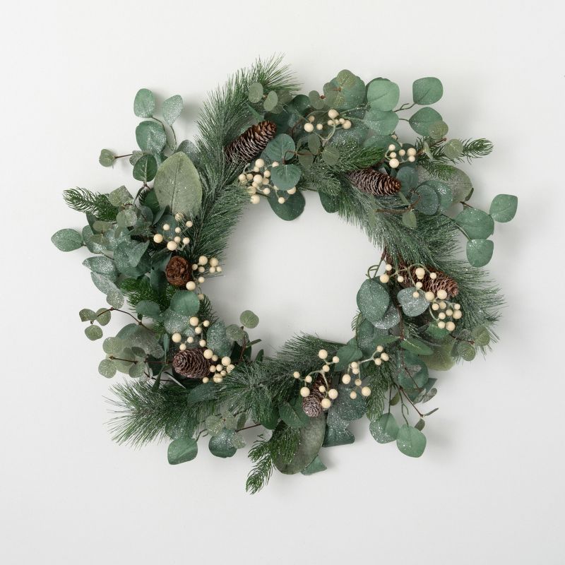 Artificial Dusted Pine Berry Wreath Green 21"H, 1 of 5
