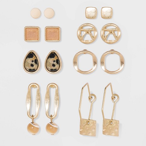 Two Spheres, Two Circles, Flower, Pearl, Green Stone & Bow Stud Earring Set  8pc - A New Day™ Gold : Target