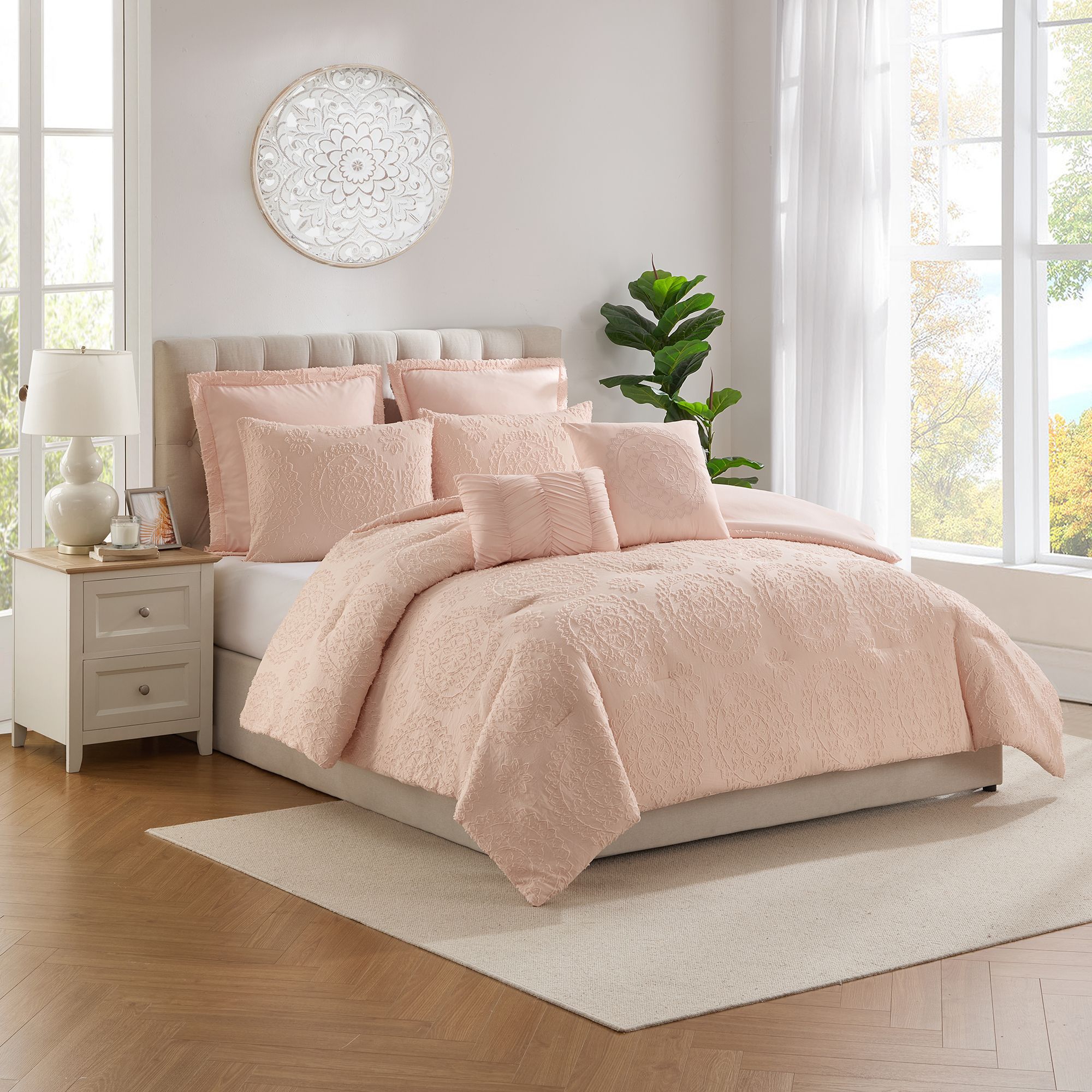 7 Piece Medallion Clip Jacquard Comforter & Decorative Pillow Set - Queen - Blush
