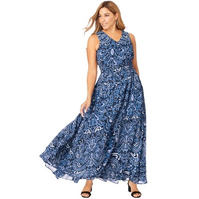 Jessica London Women's Plus Size Georgette Flyaway Maxi Dress - 30 W, Navy  Painted Scroll : Target