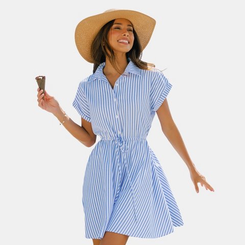 Женские платья Cupshe Women's Breezy Striped Shirt Dress for Casual Elegance-M-Blue