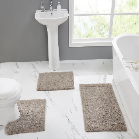 Better Trends Shaggy Border Collection 100% Cotton Bath Rug, Silver, 3 Piece Set