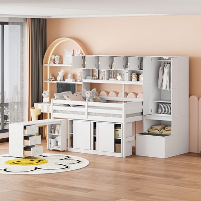 Twin/Full Size Wooden Loft Bed with Under-Bed Desk, Drawers and Shelves 4W - ModernLuxe