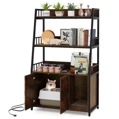 Tangkula Cat Litter Box Enclosure Hidden Cat Washroom Cabinet w/3-Tier Shelves Charging Station Winding Entry & Scratching Board Versatile Storage