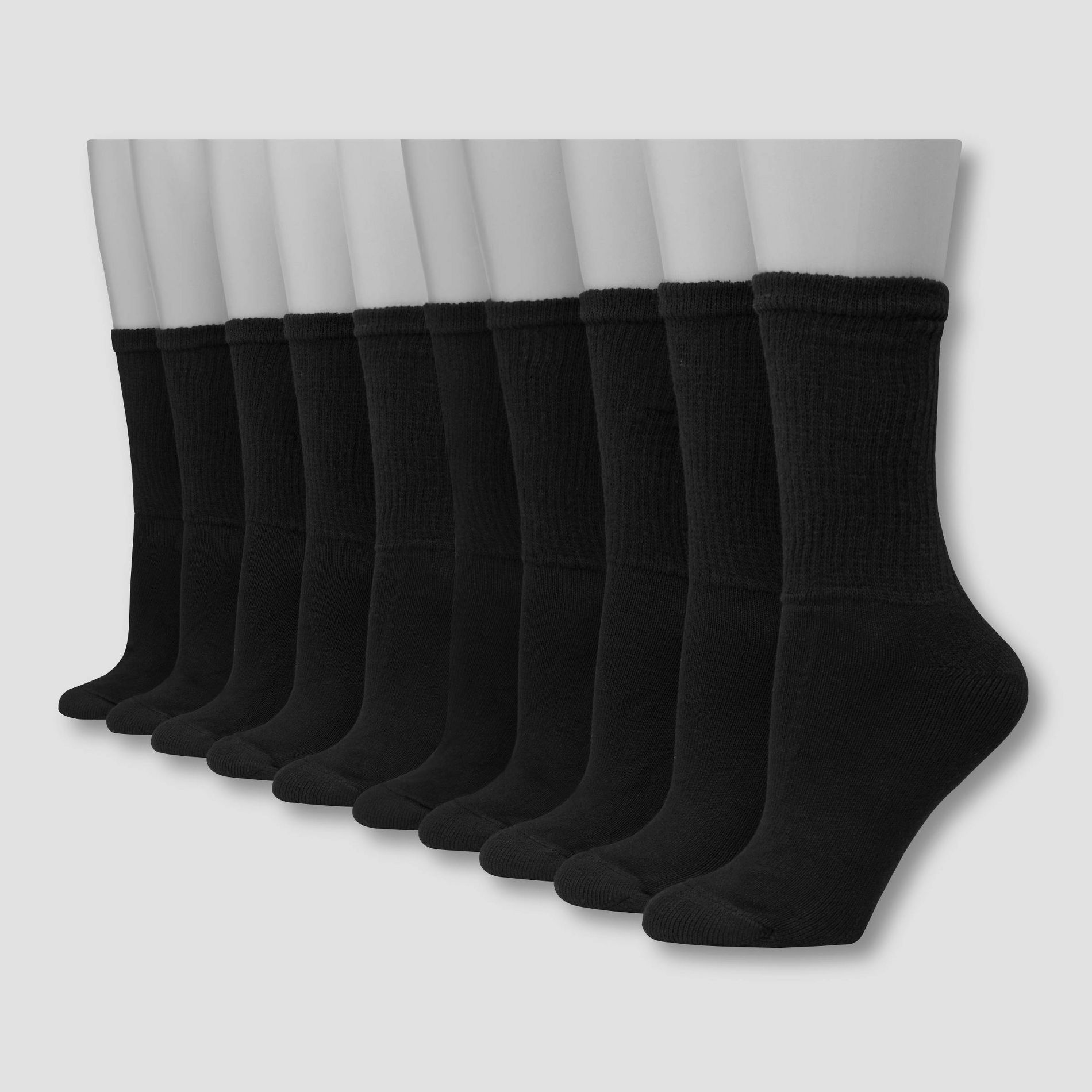 Hanes Women's Extended Size Cushioned 10pk Crew Socks - Black 8-12: Midweight Knit, Reinforced Heel & Toe