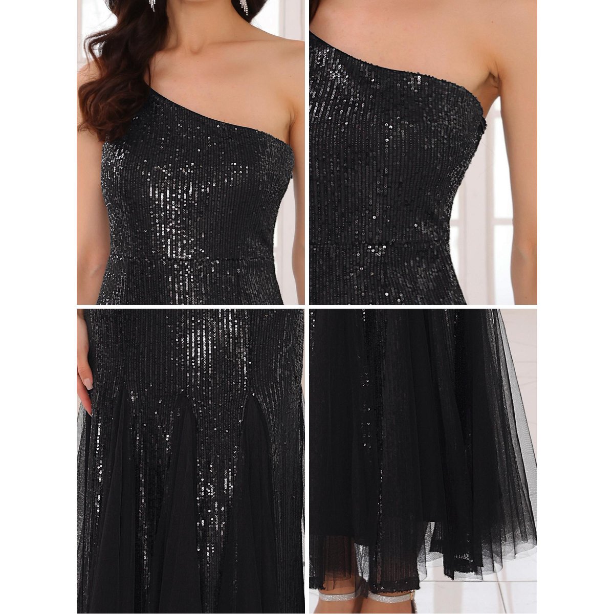 Женские платья INSPIRE CHIC Women's Sequin Maxi One Shoulder Mermaid Prom Evening Wedding Cocktail Dress Black Small — фото 5