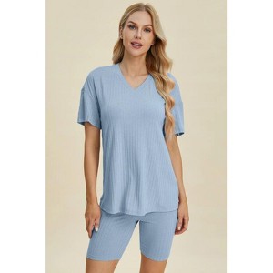 I am a Fashion Junky Basic Bae Full Size Ribbed V-Neck Short Sleeve Top and Shorts Set - 1 of 4