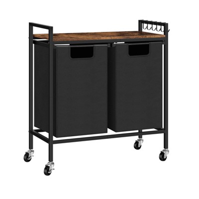 Oumilen Rolling Black Double Laundry Hamper Basket with Removable Bag and Brown Wood Shelf
