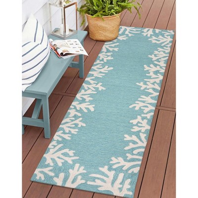 Coral Border Aqua Hand-Tufted Wool Rug, 2x8 ft