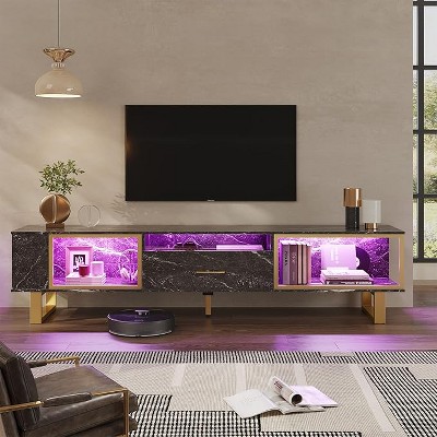 Bestier 70''TV Stand for 75''TV, Modern LED Entertainment Center with Open Storage & Drawer, High Gloss Media Console Table for Living Room