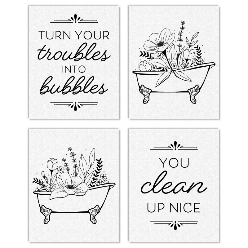 Big Dot of Happiness Turn Your Troubles Into Bubbles - Unframed Bathroom Linen Paper Wall Art - Set of 4 - Artisms - 8 x 10 inches Black and White, 1 of 8