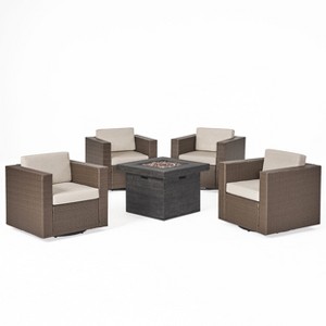 GDFStudio Venice Outdoor Wicker 5 Piece Swivel Club Chair and Fire Pit Set with Cushions - 1 of 4