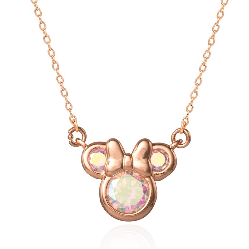 Disney Minnie Mouse Brass Flash Rose Gold Plated Aurora Borealis CZ Necklace, 16"+2" Chain, 1 of 4