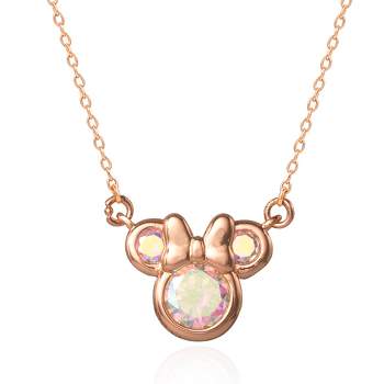 Disney Minnie Mouse Brass Flash Rose Gold Plated Aurora Borealis CZ Necklace, 16"+2" Chain