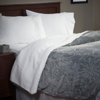 Hastings Home Floral Etched Fleece Blanket with Sherpa-K-Grey