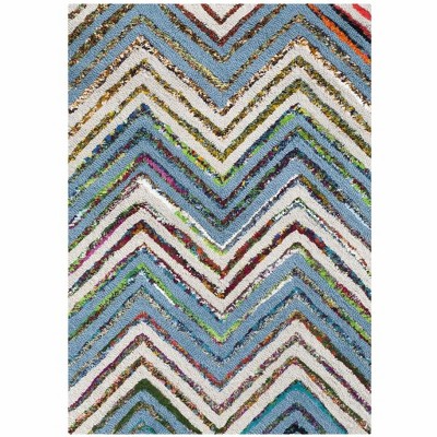 Beige and Blue Hand-Tufted Wool Chevron Area Rug
