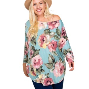 Slickblue Floral Venezia Plus Size One-Shoulder Fashion Top, Feminine Sage Print for Curvy Figures, 1XL - 1 of 4