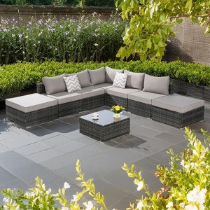 8-Pieces Outdoor Patio Sectional Sofa Set with Washable Cushions & Glass Coffee Table - 1 of 4