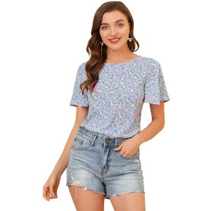 Allegra K Women's Floral Chiffon Casual Round Neck Flutter Sleeve Blouse - 1 of 4