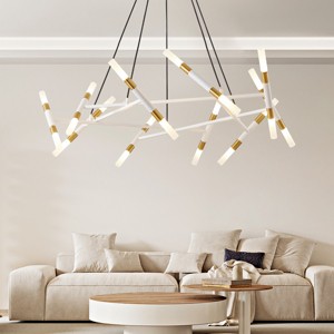 BAOURE 41in Golden Modern Chandelier Light Fixture with Frosted Tubes, Adjustable Height Pendant Light for Dining Room Living Room Kitchen Island - 1 of 4