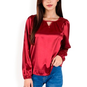 Anna-Kaci Women's Satin Blouse with Keyhole Neckline and Long Sleeves - 1 of 4