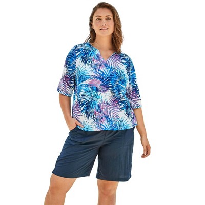 Swim 365 Women's Plus Size Split-neck Short Sleeve Swim Tee With