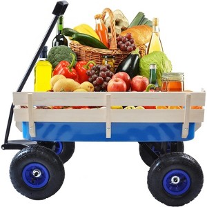 Acekool Steel Garden Cart 176 lbs Capacity, All-Terrain Wagon with Wood Side Panels, 10" Air Tires, Foldable Handle, for Yard Farm Orchard, Blue - 1 of 4