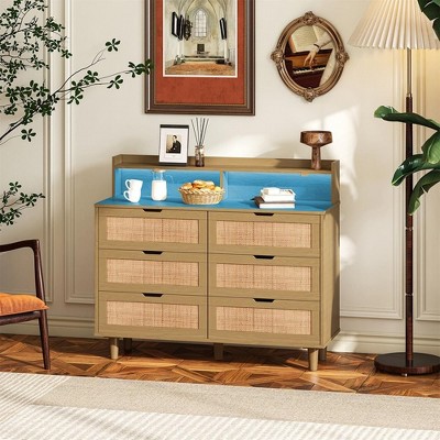 Natural Rattan 6-Drawer Dresser with LED Lights and Power Outlet