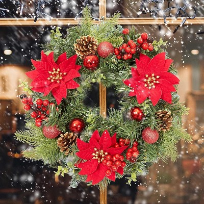 Acekool 16" Artificial Wreath with Baubles & Pinecones for Winter Door & Wall Decor