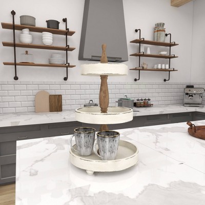 Distressed White and Brown Wood 3-Tier Round Serving Tray