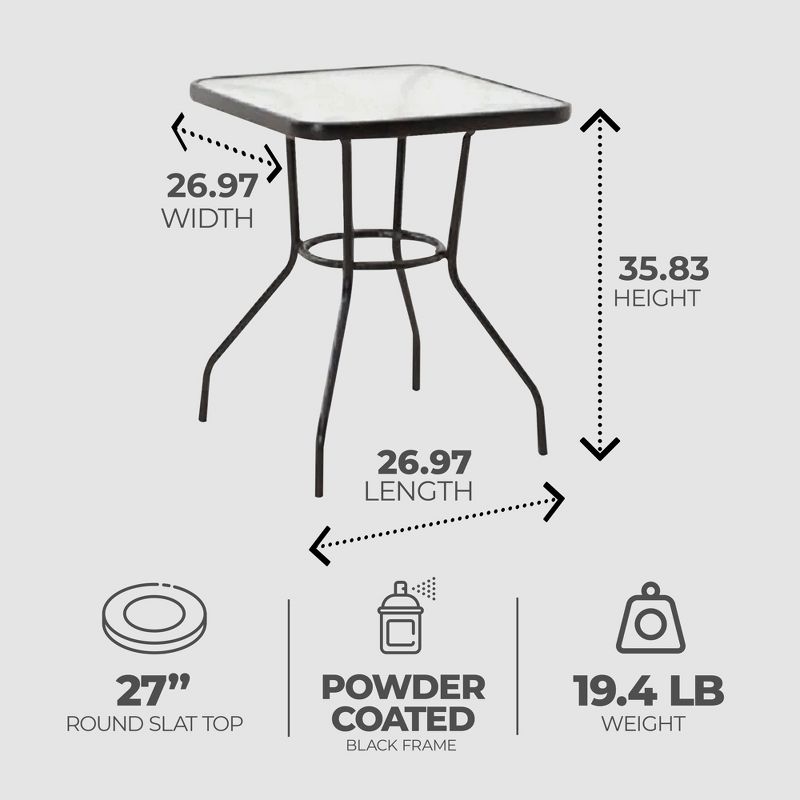 Four Seasons Courtyard Sunny Isles 27 Inch Outdoor Patio Bistro Dining Table Backyard Squared Furniture with Tempered Glass Tabletop, Black, 2 of 7