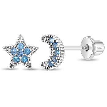 Girl's Star & Moon CZ Screw Back Sterling Silver Earrings - In Season Jewelry