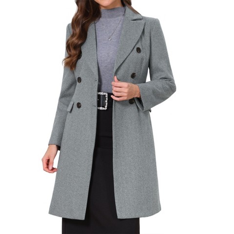 INSPIRE CHIC Women's Notch Lapel Collar Long Sleeves Double-Breasted Mid-Long Elegant Business Coats Small Twill Grey