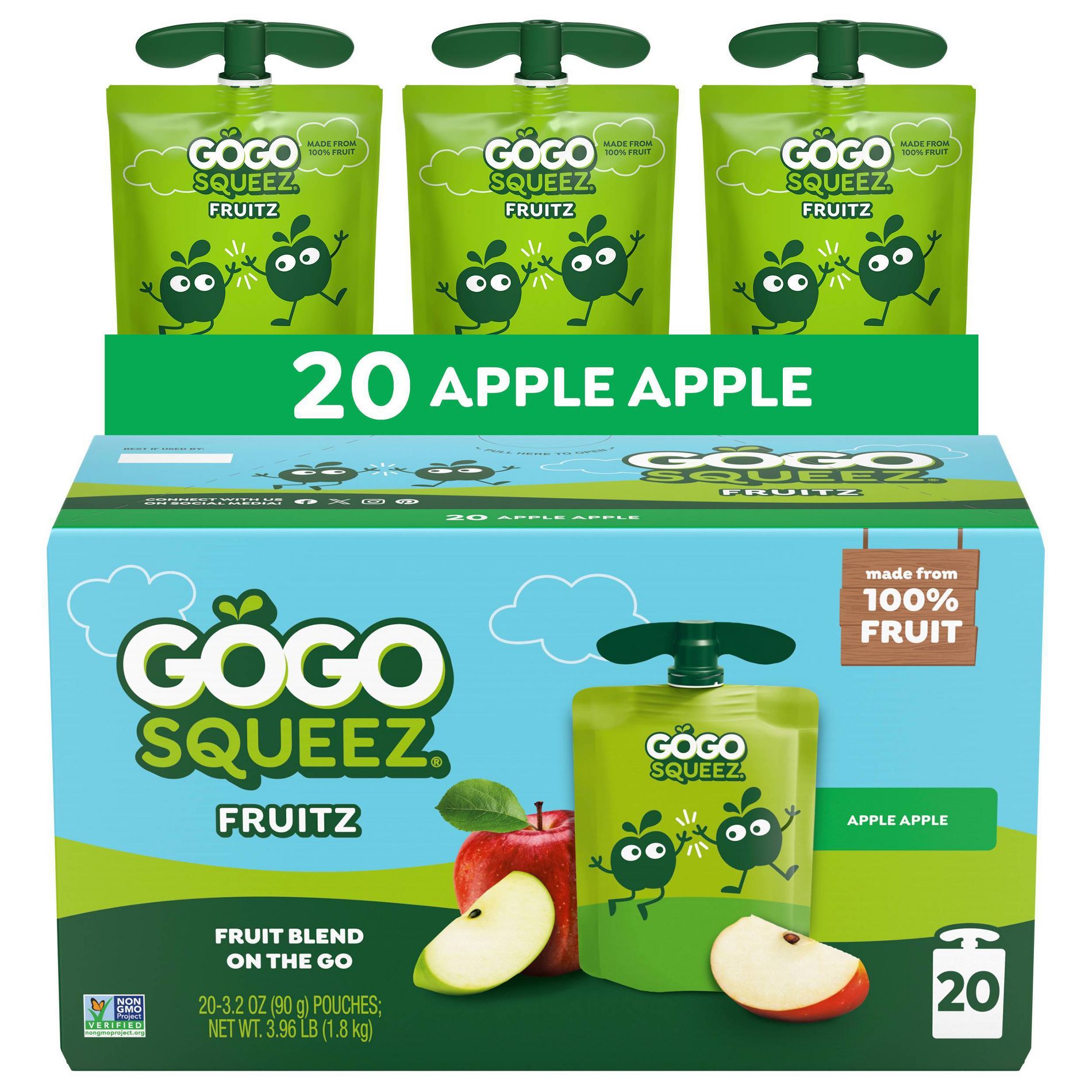 GoGo squeeZ Applesauce and Fruit Puree, Apple Apple - 3.2oz/20ct