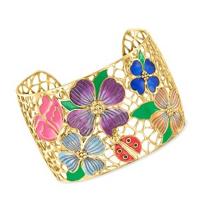 Ross-Simons Multicolored Enamel Floral Filigree Cuff Bracelet in 18kt Gold Over Sterling - 1 of 4
