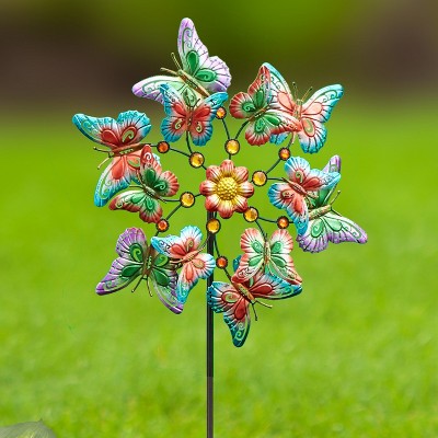 Colorful Butterfly Themed Metallic Garden Wind Spinner Stake