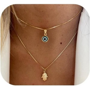 Evil Eye Necklace: 14K Gold Plated Blue CZ Diamond Boho Pendant for Women, Protection Gift - 1 of 4