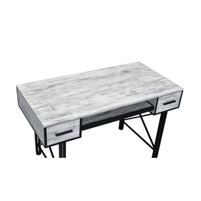 Distressed Antique White and Black Metal Framed Writing Desk with Drawers and Keyboard Tray