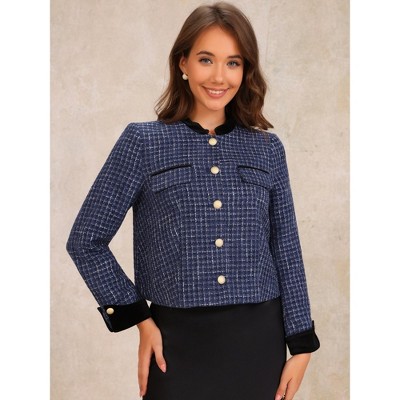 Allegra K Women's Elegant Tweed Plaid Button Winter Fall Work Office Short Suit Blazer Blue Large — фото 2